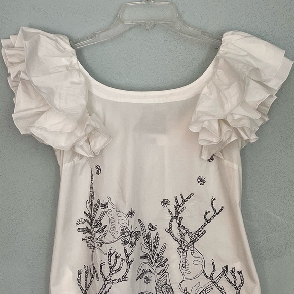 Paola Frani White Embroidered Ruffle Shoulder Sheath Dress Size Small Coquette - Picture 2 of 12